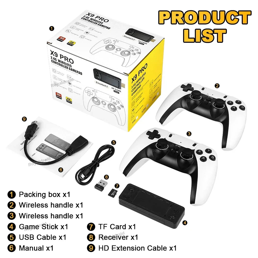 X9 Pro GameStick 4K Retro Console with 50+ Emulators & Dual Controllers