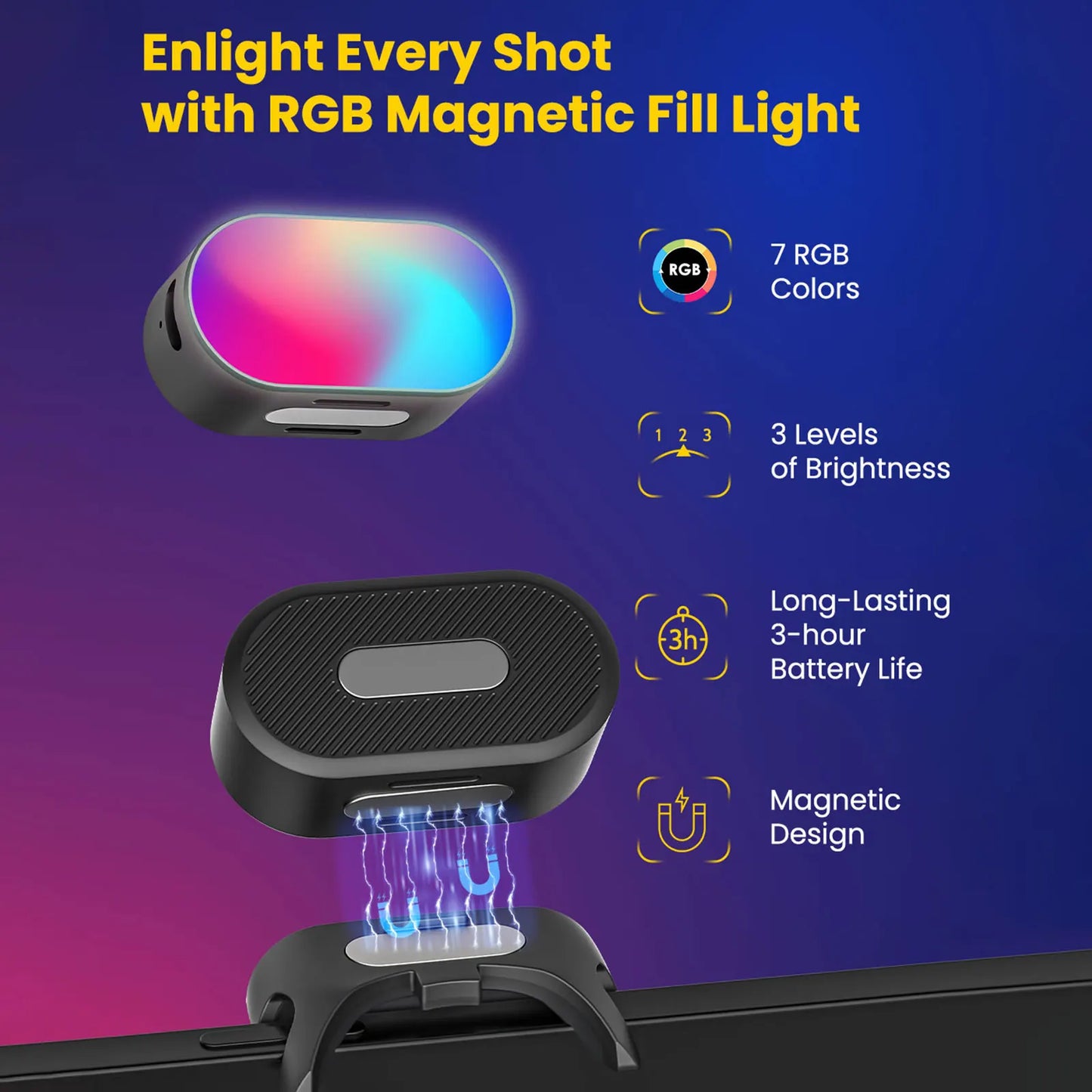 Magnetic RGB fill light for a variety of 3-axis stabilizers